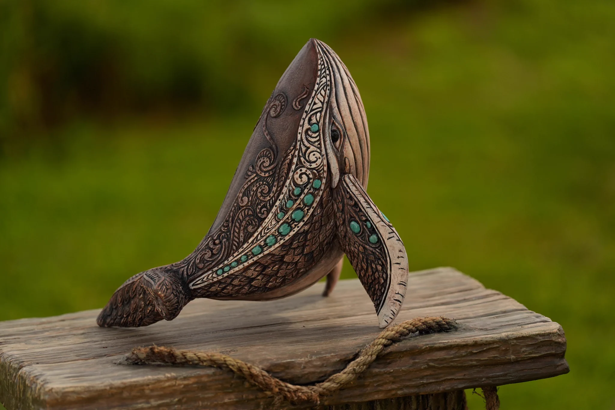Carved whale immunity trophy with turquoise details